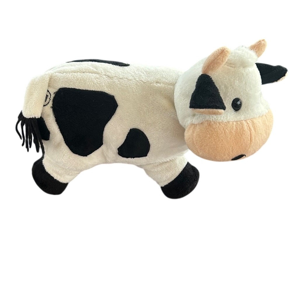 Plush Cow Stuffed Animal Toy With Bell Kids Fun Black White Farm Rustic Soft
